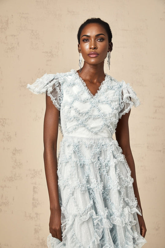Sloan Blue Tulle Midi Dress with Ruffled V-neck and Dot Embroidery