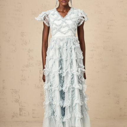 Sloan Blue Tulle Midi Dress with Ruffled V-neck and Dot Embroidery