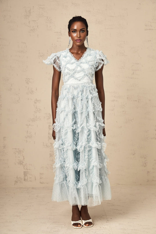 Sloan Blue Tulle Midi Dress with Ruffled V-neck and Dot Embroidery