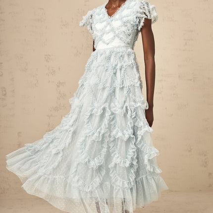 Sloan Blue Tulle Ruffled V-neck Dot Embroidery Midi Dress