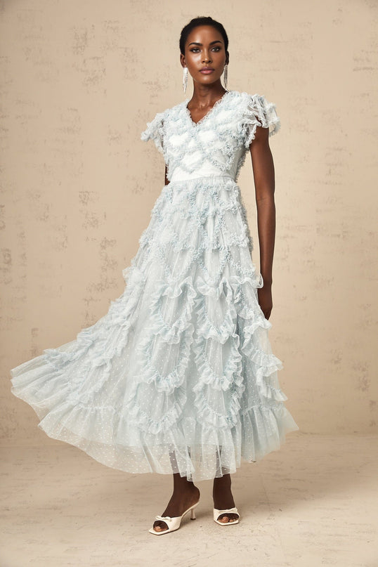 Sloan Blue Tulle Ruffled V-neck Dot Embroidery Midi Dress