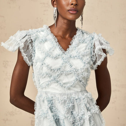 Sloan Blue Tulle Ruffled V-neck Dot Embroidery Midi Dress