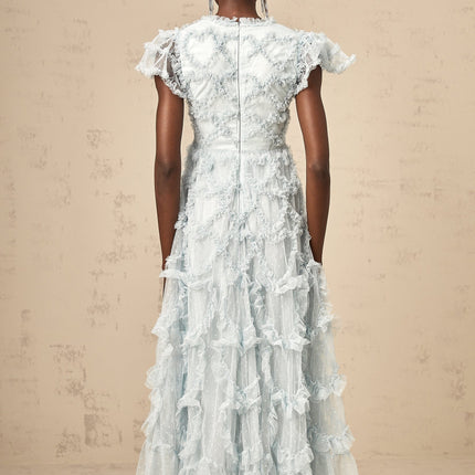 Sloan Blue Tulle Ruffled V-neck Midi Dress with Dot Embroidery
