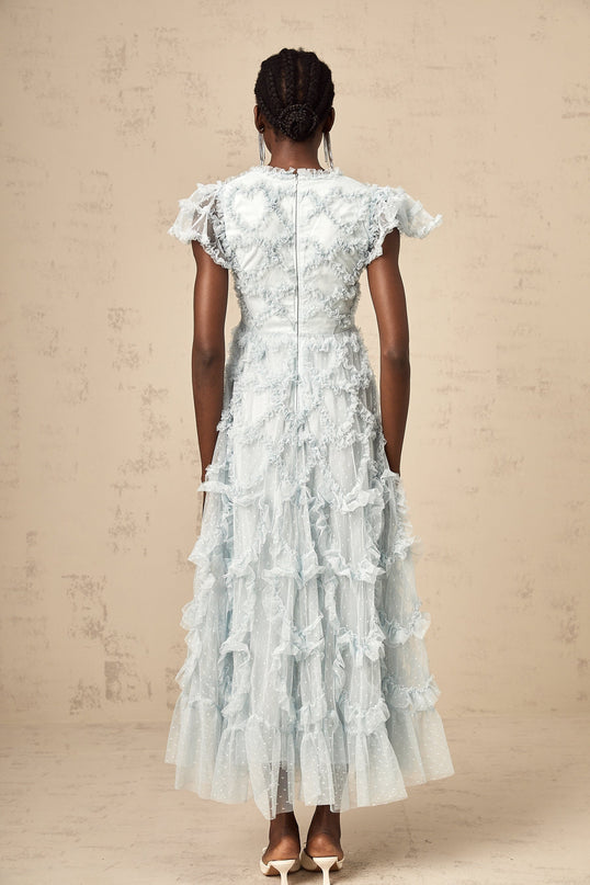 Sloan Blue Tulle Ruffled V-neck Midi Dress with Dot Embroidery