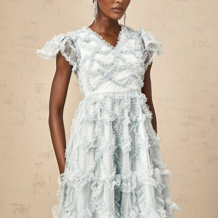 Sloan Blue Tulle Ruffled V-neck Midi Dress with Dot Embroidery
