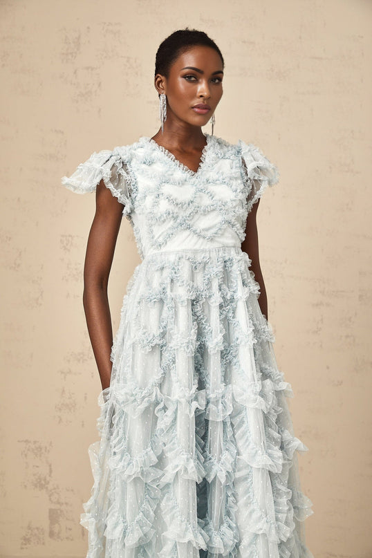 Sloan Blue Tulle Ruffled V-neck Midi Dress with Dot Embroidery
