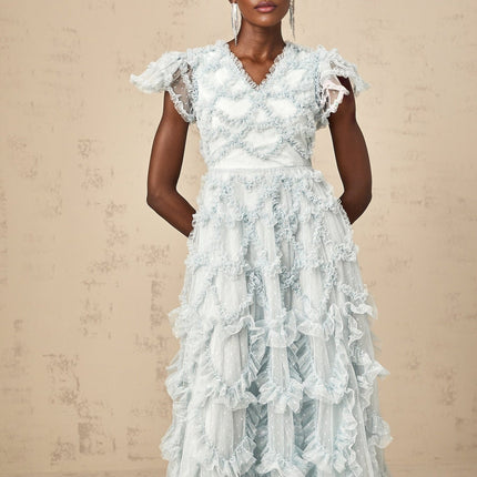 Sloan Blue Tulle Ruffled V-neck Midi Dress with Dot Embroidery