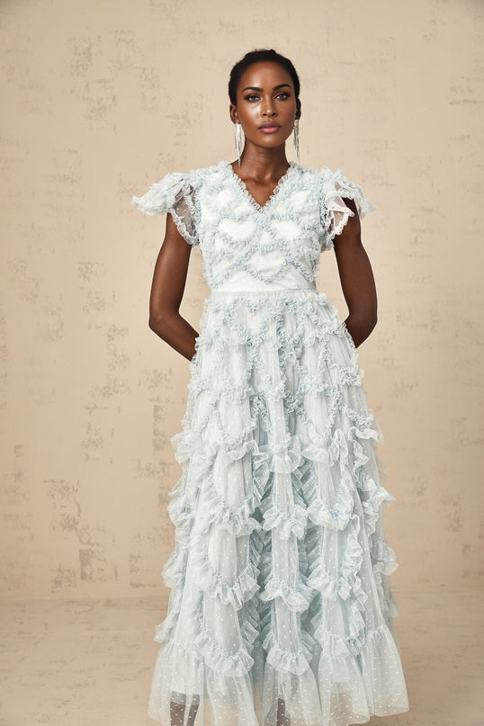 Sloan Blue Tulle Ruffled V-neck Midi Dress with Dot Embroidery