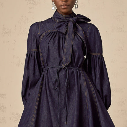Sloan Dark Blue Denim Mini Dress with Contrast Stitching and Flare Trim