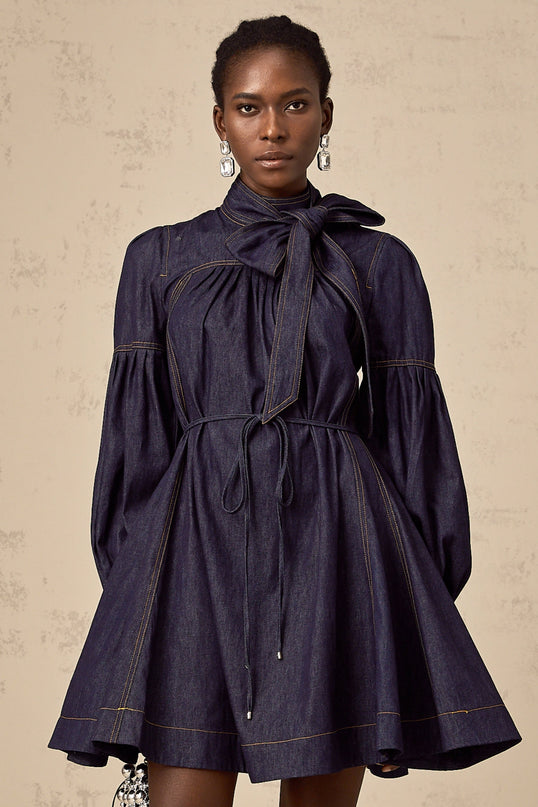 Sloan Dark Blue Denim Mini Dress with Contrast Stitching and Flare Trim