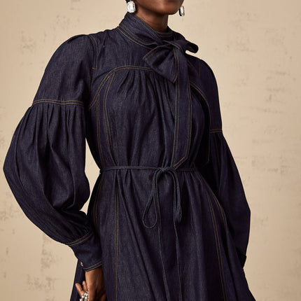 Sloan Dark Blue Denim Mini Dress with Contrast Stitching and Flare Trim