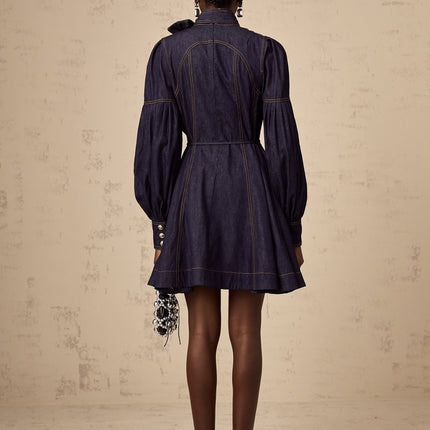 Sloan Dark Blue Denim Mini Dress with Contrast Stitching and Flare Trim