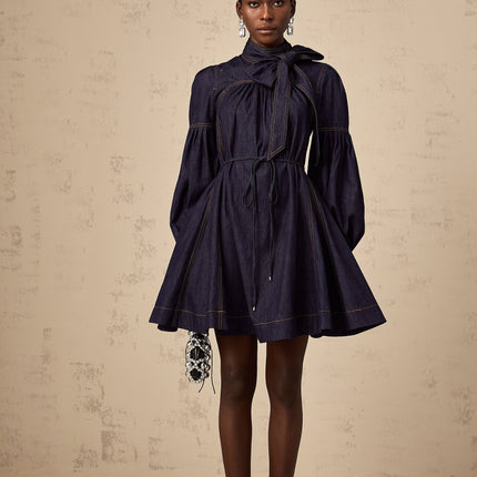Sloan Dark Blue Denim Mini Dress with Contrast Stitching and Flare Trim