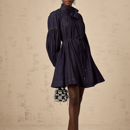 Sloan Dark Blue Denim Mini Dress with Contrast Stitching and Flare Trim
