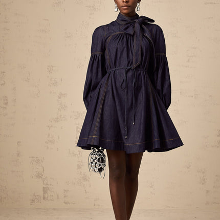 Sloan Dark Blue Denim Mini Dress with Contrast Stitching and Flare Trim