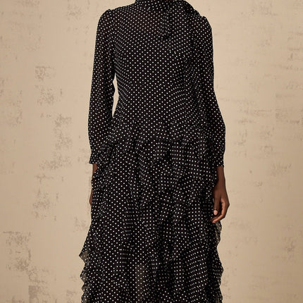 Sloan Black Polka Dot Ruffle Tulle Midi Dress
