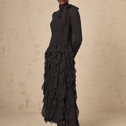 Sloan Black Polka Dot Ruffle Tulle Midi Dress