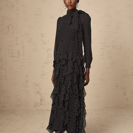 Sloan Black Polka Dot Ruffle Tulle Midi Dress