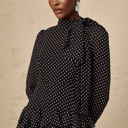 Sloan Black Polka Dot Ruffle Midi Dress Tulle Long Sleeve Ankle Length