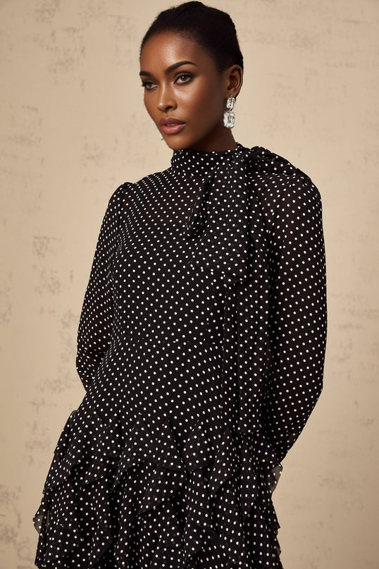 Sloan Black Polka Dot Ruffle Midi Dress Tulle Long Sleeve Ankle Length