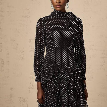 Sloan Black Polka Dot Ruffle Midi Dress