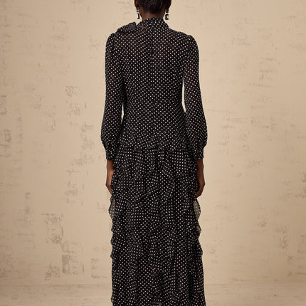 Sloan Black Polka Dot Ruffled Midi Dress Tulle Long Sleeve Elegant