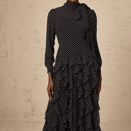Sloan Black Polka Dot Ruffled Midi Dress Tulle
