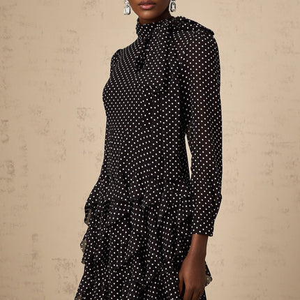 Sloan Black Polka Dot Ruffled Midi Dress Tulle Elegant Romantic Luxury