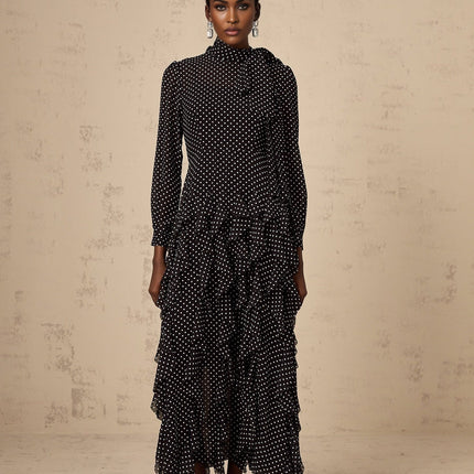 Sloan Black Polka Dot Ruffled Midi Dress Tulle