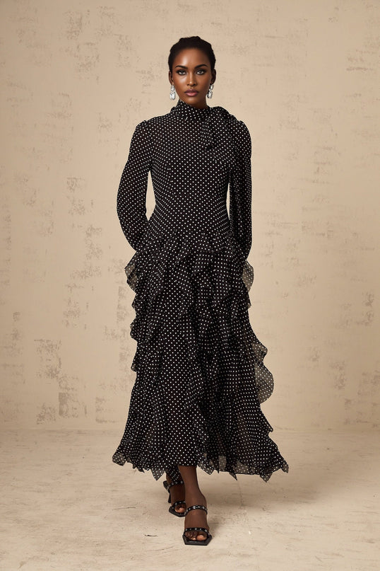 Sloan Black Polka Dot Ruffled Midi Dress