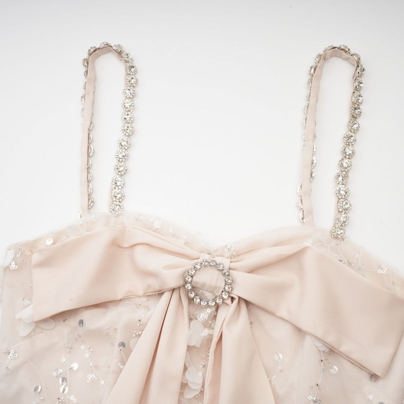 Sloan Pink Sequin Mini Dress Sleeveless Bowknot Detailing Spaghetti Straps Round Neck Rear Zip Fastening Thigh Length