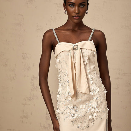 Sloan Pink Sequin Mini Dress Sleeveless Bowknot Detailing Spaghetti Straps Round Neck Rear Zip Fastening Thigh-Length Elegant Luxury Style Statement