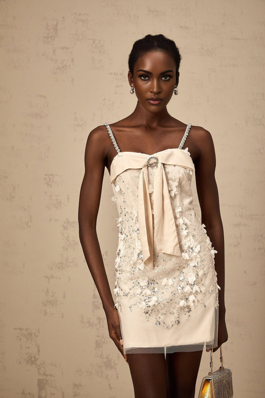 Sloan Pink Sequin Mini Dress Sleeveless Bowknot Detailing Spaghetti Straps Round Neck Rear Zip Fastening Thigh-Length Elegant Luxury Style Statement