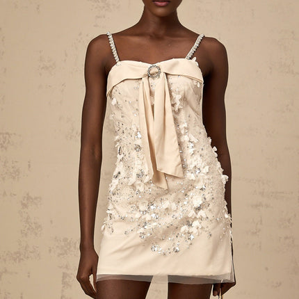 Sloan Pink Sequin Mini Dress Sleeveless Bowknot Detail Spaghetti Straps Round Neck Rear Zip Thigh Length Elegant Luxury Style Special Occasion Statement