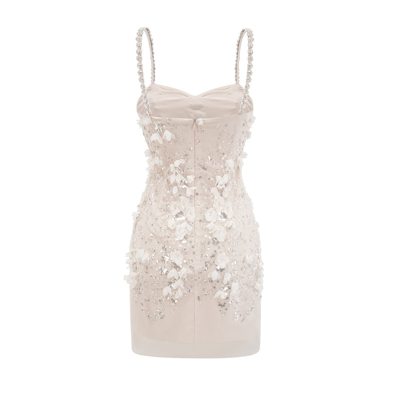 Sloan Pink Sequin Mini Dress Sleeveless Bowknot Detailing Spaghetti Straps Round Neck Thigh-Length Rear Zip Fastening