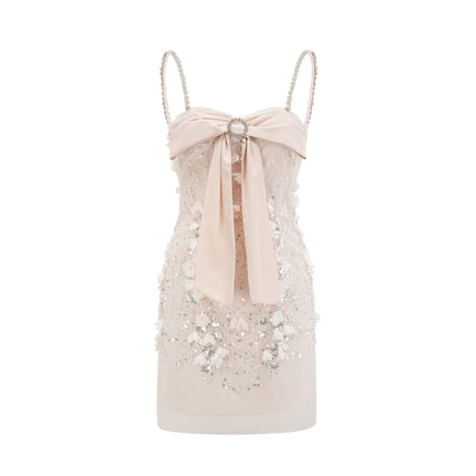 Sloan Pink Sequin Mini Dress Sleeveless Bowknot Detailing Spaghetti Straps Round Neck Rear Zip Fastening Thigh-Length Elegance