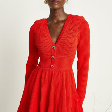 Sloan Red Crystal Embellished Flared Mini Dress with Heart-Shaped Buttons