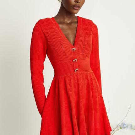 Sloan Red Crystal Embellished Flared Mini Dress with Heart-Shaped Buttons