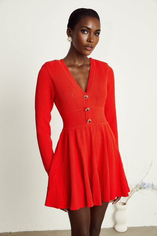 Sloan Red Crystal Embellished Flared Mini Dress with Heart-Shaped Buttons