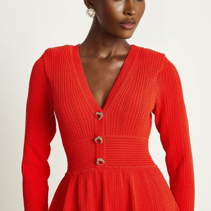Sloan Red Crystal Embellished Mini Dress with Heart-Shaped Buttons and Ribbed Knit Texture