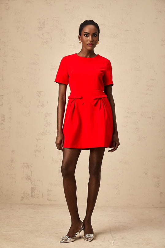 Sloan Red Flared Skirt Mini Dress with Bow Detailing