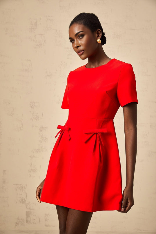 Sloan Red Flared Skirt Mini Dress with Bow Detailing