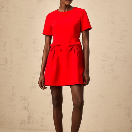 Sloan Red Flared Skirt Mini Dress with Bow Detailing in 100% Terylene