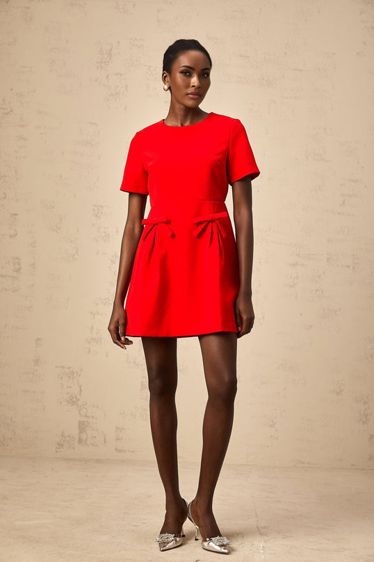 Sloan Red Flared Skirt Mini Dress with Bow Detailing in 100% Terylene