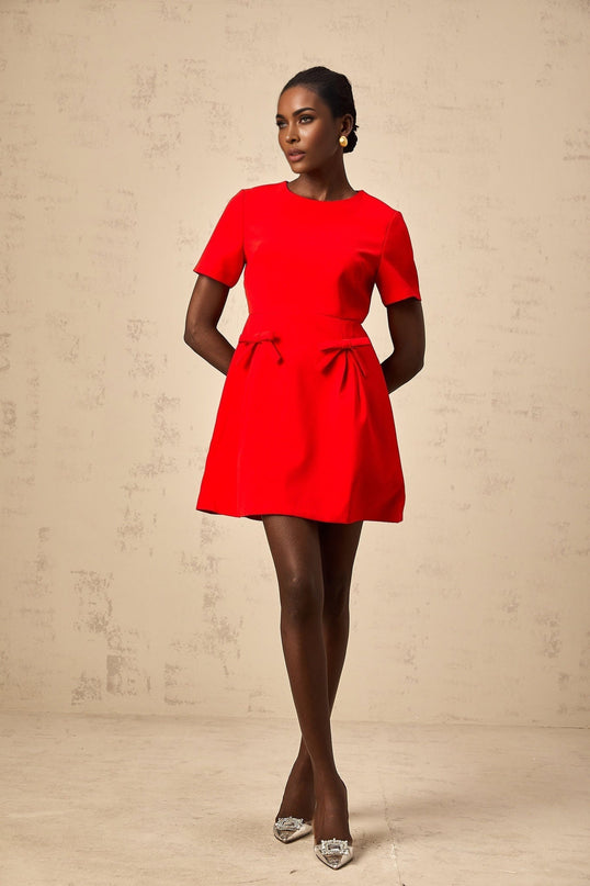 Sloan Red Flared Skirt Mini Dress with Bow Detailing