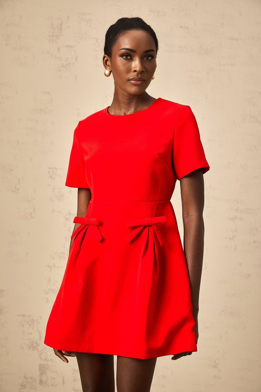 Sloan Red Flared Skirt Mini Dress with Bow Detailing