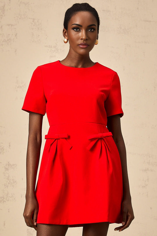 Sloan Red Flared Skirt Mini Dress with Bow Detailing and Zip Fastening