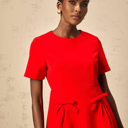 Sloan Red Flared Skirt Mini Dress with Bow Detailing in 100% Terylene