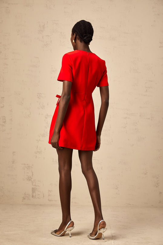 Sloan Red Flared Skirt Mini Dress with Bow Detailing and Short Sleeves