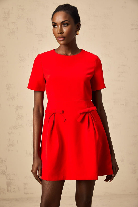 Sloan Red Flared Skirt Mini Dress with Bow Detailing